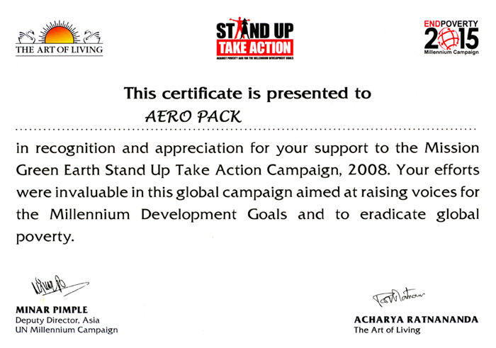 Certificate presented to Aero Pack for supporting the Mission Green Earth Stand Up Take Action Campaign, 2008