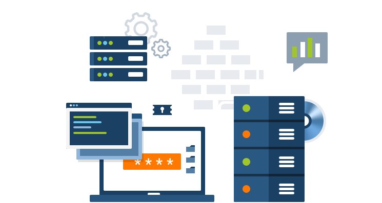 Business hosting illustration with servers, a laptop and a firewall