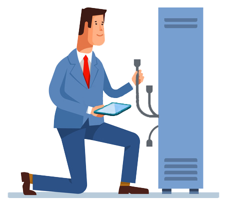 Technician connecting cables to a server cabinet