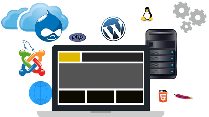 Web hosting illustration with a laptop, a server and website platform icons