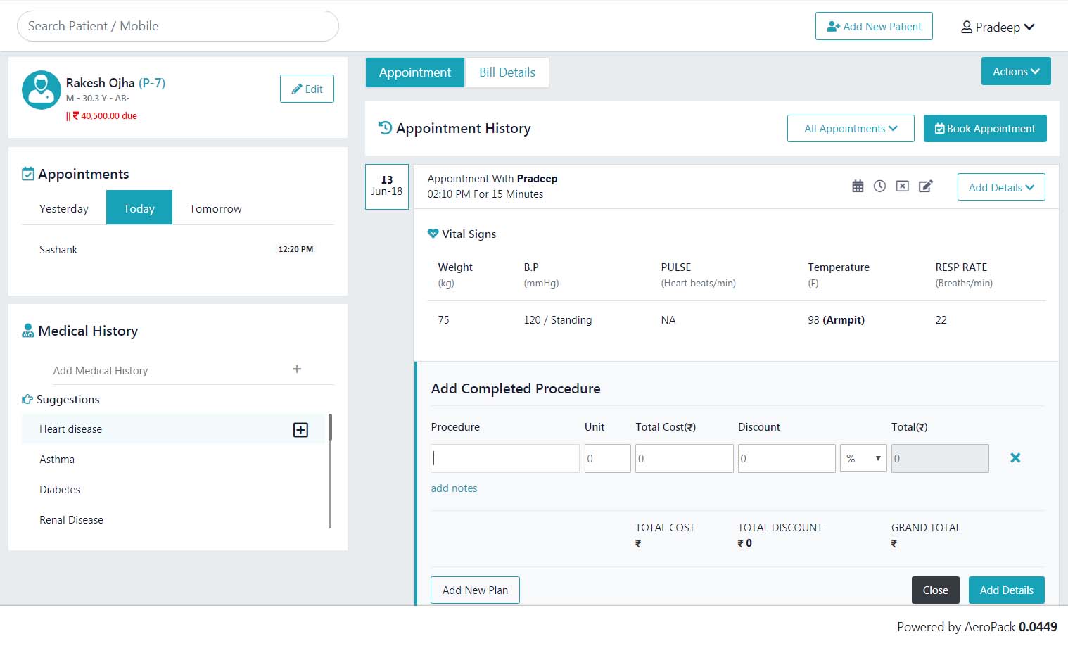 The Clinic Manager patient record screen with appointments, medical history and procedures