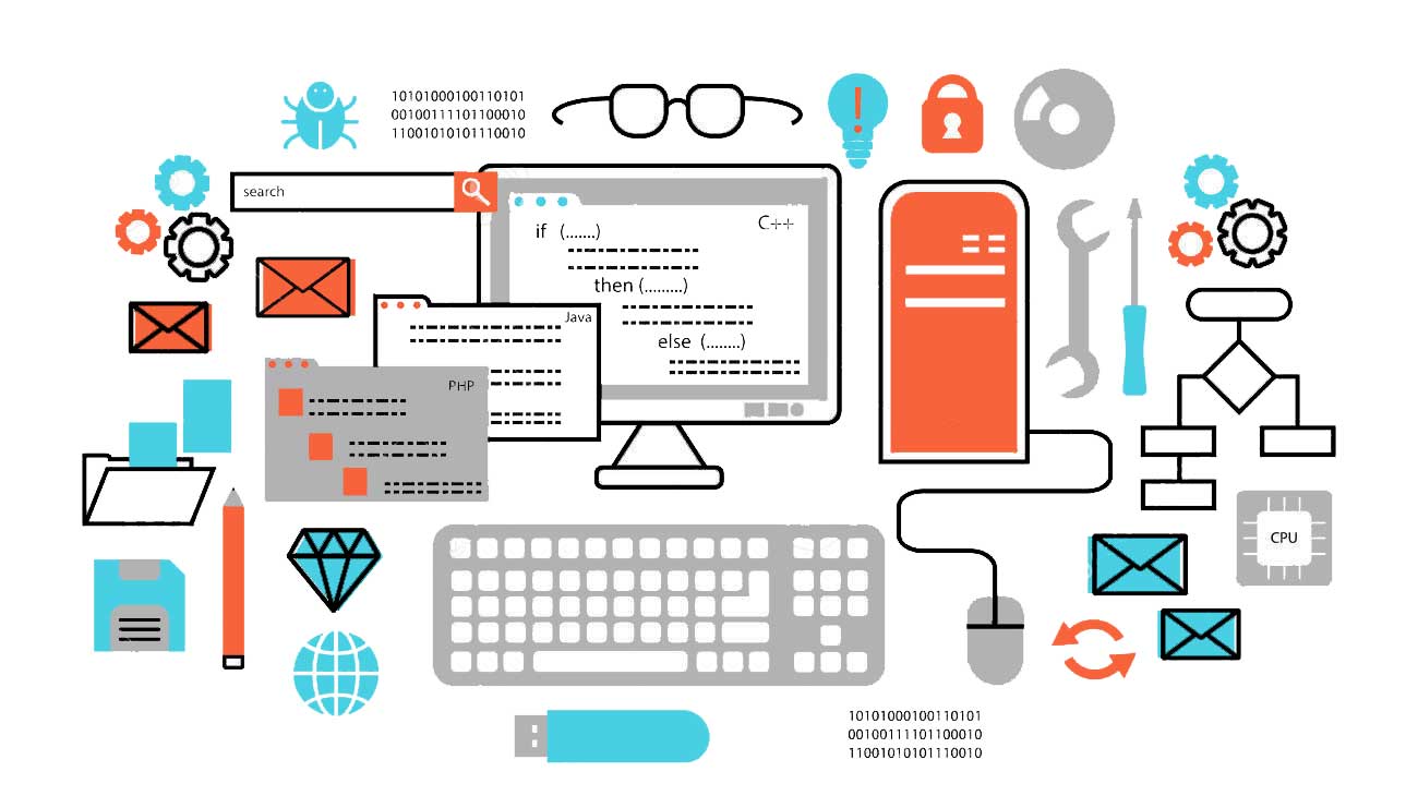 Software development illustration with code editor windows, keyboard and development tools