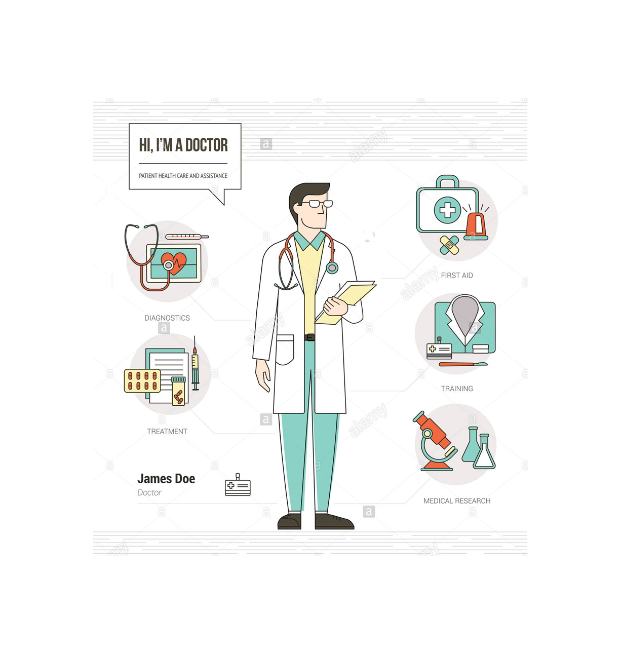 Illustration of a doctor holding a clipboard, surrounded by medical service icons