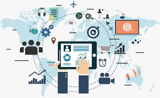 Illustration of a tablet surrounded by icons for analytics, e-commerce, cloud and communication services