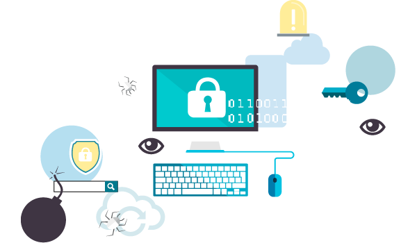 Website security illustration: padlock on a monitor with shield and key icons